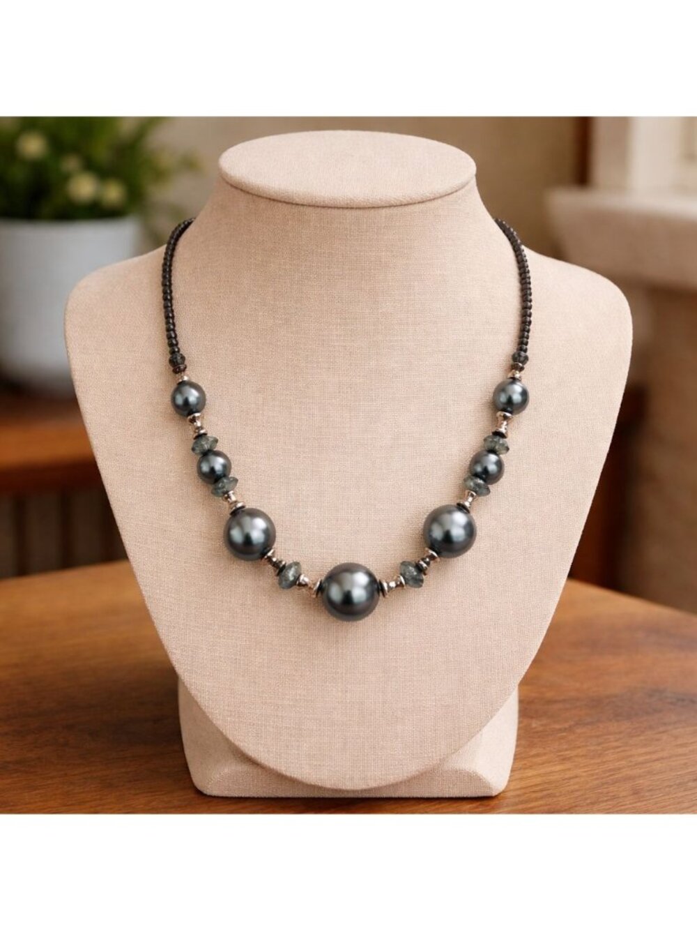 Gray Faux Pearl Seed Bead Necklace Smoky Faceted Beads Silver Tone Spacers 25 in